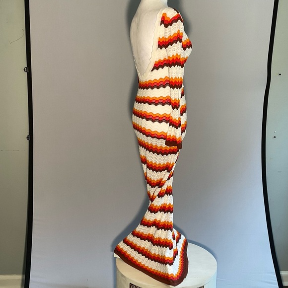 Bodycon Striking Striped Long Sleeve Crocheted Maxi Dress with Deep Scoop Back - Picture 3 of 16